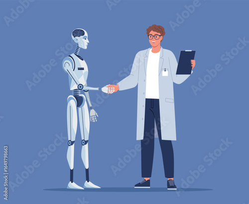 A human and a robot shake hands and communicate