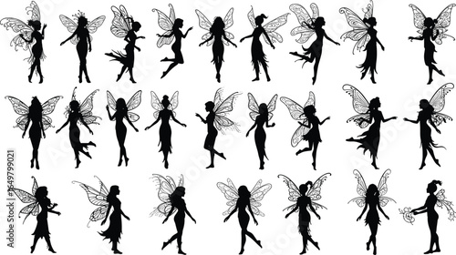 Enchanting fairy silhouettes, magical winged creatures, fantasy art collection, whimsical design elements, mystical beings, ethereal figures, creative stock image, Adobe Stock