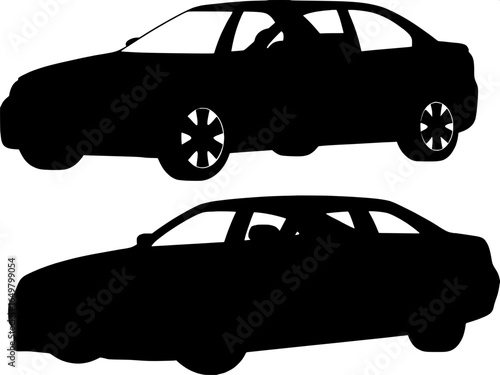 "Two bold, solid-black car silhouettes on a white background, one directly frontal and one angled side profile, minimalistic yet precise geometric forms, modern sedan body style."