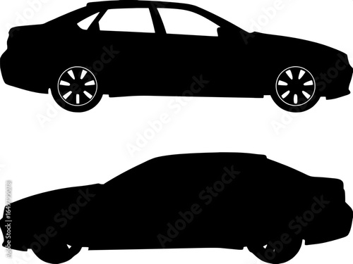 "Two bold, solid-black car silhouettes on a white background, one directly frontal and one angled side profile, minimalistic yet precise geometric forms, modern sedan body style."