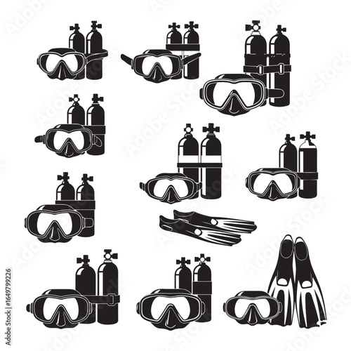 Scuba Diving Gear Icons: Masks, Tanks, and Fins in Silhouette