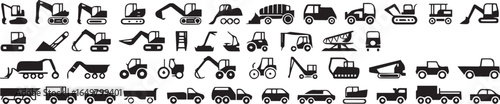 Construction and heavy machinery icon set featuring excavators, trucks, cranes, loaders, tractors, cement mixers, bulldozers, and utility vehicles