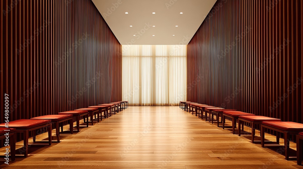 Fototapeta premium Modern interior featuring wooden walls and benches, illuminated by natural light, Ideal for showcasing minimalist design, interior decor, or architectural spaces,