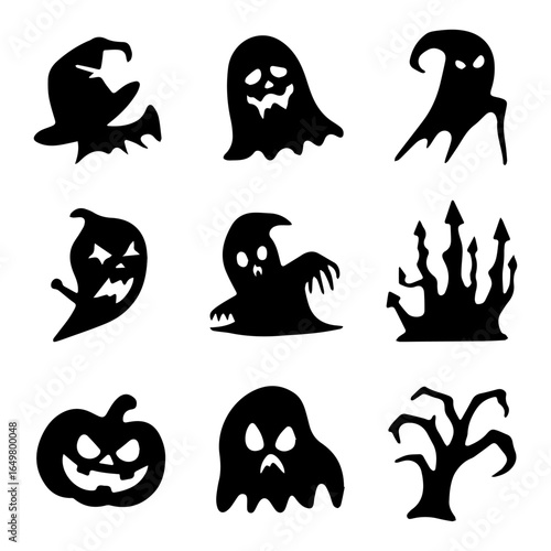 Spooky Halloween Silhouettes Ghosts Pumpkins and Haunted House