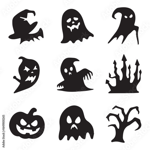 Spooky Halloween Silhouettes Ghosts Pumpkins and Haunted House
