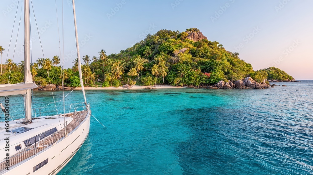 Obraz premium A serene tropical scene featuring a yacht anchored near a lush island with palm trees and clear blue water, perfect for travel blogs, vacation promotions, and marine-themed projects,