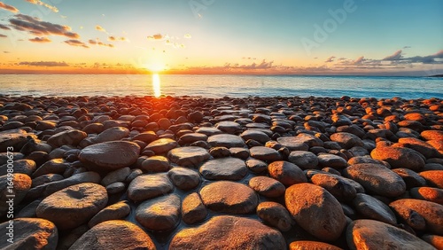 A tranquil beach view at sunset, a stone walkway