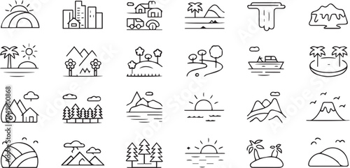 Black outline icon set of mental health, anxiety, depression, stress relief, mindfulness, emotional support, therapy, psychology, and human brain