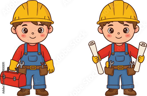 
Cute cartoon construction workers holding toolbox and blueprints, smiling builder characters in safety helmets, vector illustration for building, engineering, labor, industry, project