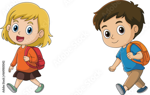 Cute cartoon school kids walking, boy and girl with backpack, happy children going to school, education concept, back to school illustration