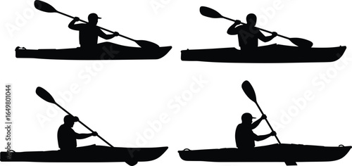 Kayaking silhouette set, man paddling kayak, water sports, outdoor adventure, black and white vector, active lifestyle, canoeing, summer activity