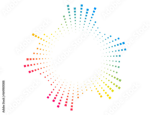 Circular sound wave vector with dotted equalizer bars. Neon audio spectrum for music visualization, radar signal, or voice recognition.