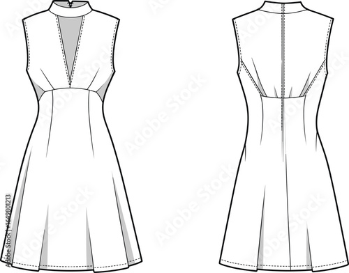 Elegant sleeveless dress technical flat sketch, high neck with front slit detail, A-line silhouette, fashion design template for garment illustration