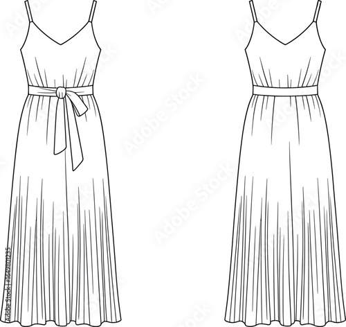 Elegant sleeveless maxi dress fashion flat sketch, front and back view, waist belt detail, pleated skirt, vector outline clothing template