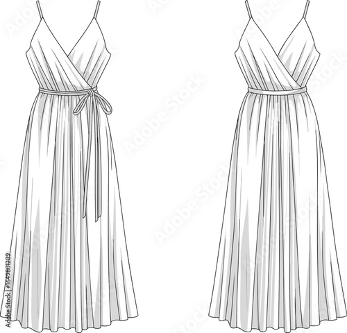 Elegant women’s sleeveless wrap maxi dress fashion flat sketch with spaghetti straps, waist tie belt, pleated skirt, technical clothing illustration design