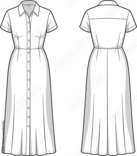 Front and back view of women’s button down shirt dress with short sleeves, collar, flared hem, detailed fashion flat sketch illustration