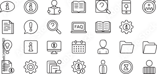 Black and white line icons set for information, help, FAQ, documents, search, user profiles, and settings in web design