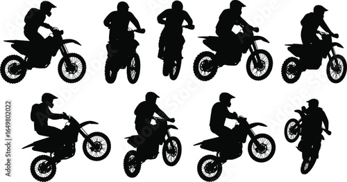 Motocross dirt bike riders silhouettes, off-road motorcycle riders jumping, extreme sport vector set, dirt bike stunt poses, action sports design