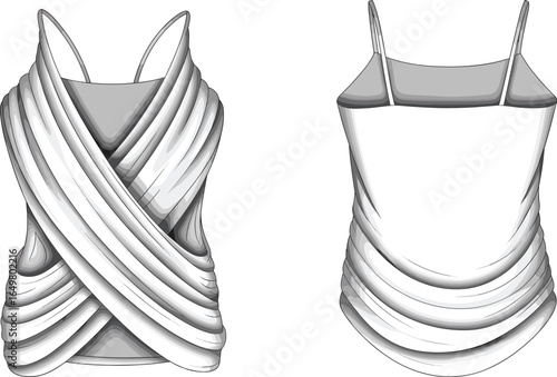 Women’s draped crossover front spaghetti strap top, fashion flat sketch, sleeveless blouse design, ruched details, elegant garment technical drawing, front and back
