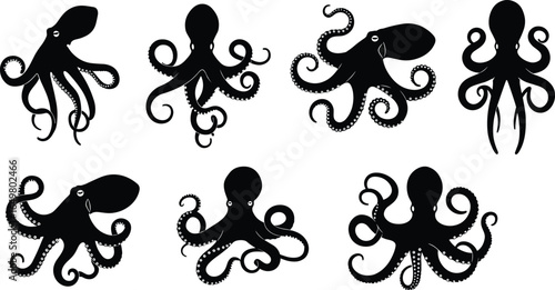 Octopus silhouette collection – marine animal vector illustrations with curled tentacles, ocean life clipart for nautical, aquarium, or sea-themed designs
