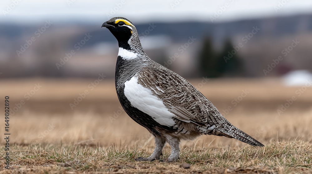Obraz premium A solitary bird stands on a grassy field, showcasing its distinct plumage with a striking yellow stripe above its eyes, Ideal for wildlife photography, nature documentaries, or educational materials,