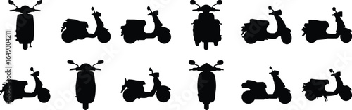 Scooter silhouette vector set, black moped icons, motorcycle design elements, transportation symbol, urban vehicle collection, side and front views