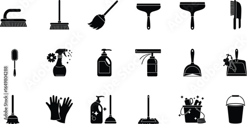 Set of black cleaning tools icons, household equipment vector illustration, sanitation supplies, hygiene clipart, broom mop gloves bucket
