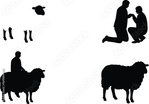 Sheep silhouette, man with sheep, riding sheep, animal farm scene, human interaction, sheep vector clipart, black sheep graphic