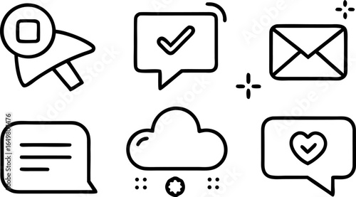 Set of six minimalistic icons featuring message cloud and email symbols. Icons evoke digital communication and interaction