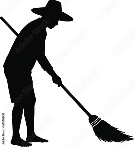 Silhouette of a person sweeping with broom, barefoot man in hat cleaning, traditional street cleaner illustration for hygiene and labor themes