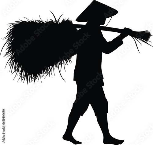 Silhouette of Asian farmer carrying harvested rice, traditional farming, rural lifestyle, agriculture labor, vector illustration for stock design.