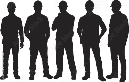 Silhouette of construction workers, standing group, industrial labor team, helmet safety gear, engineer illustration, isolated people vector graphic