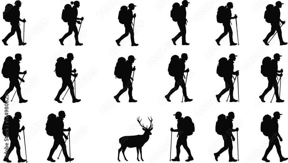 Obraz premium Silhouettes of hikers with backpacks and trekking poles, walking outdoors with a deer silhouette, nature adventure, hiking vector illustrations