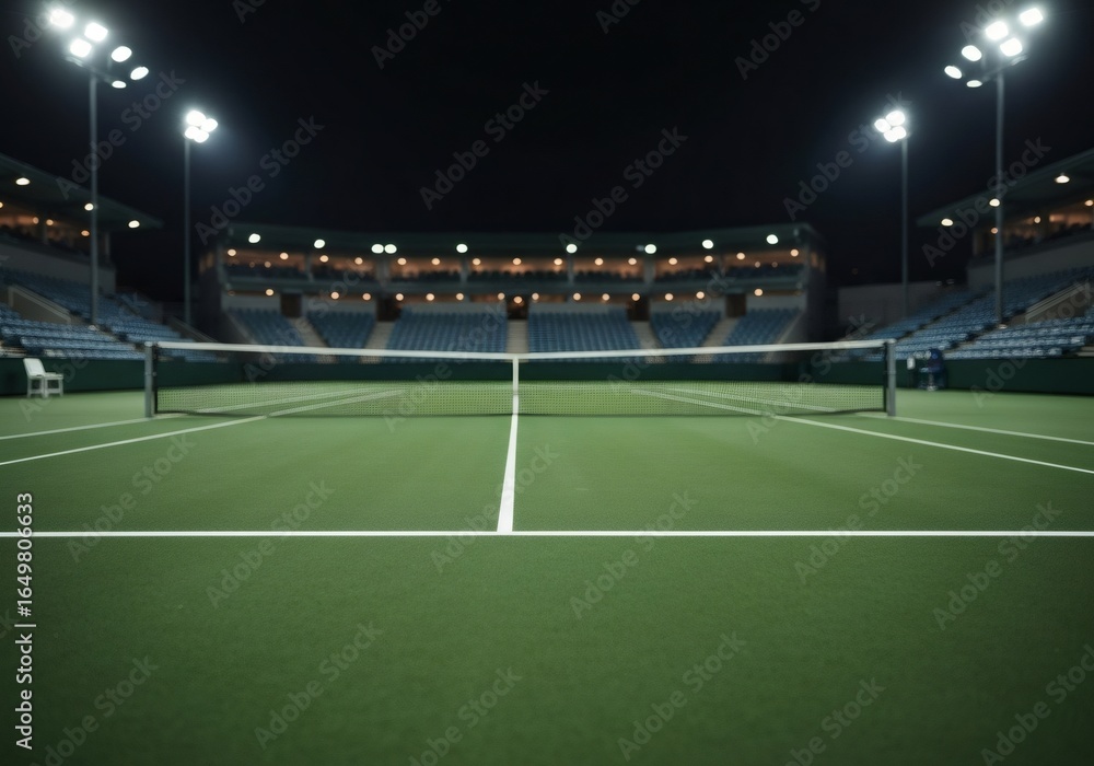 Fototapeta premium Empty tennis court at night in stadium under floodlight
