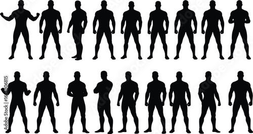 Silhouettes of muscular men, bodybuilder poses, strong physique, fitness models, bodybuilding stance, powerful athletes, strength training figures