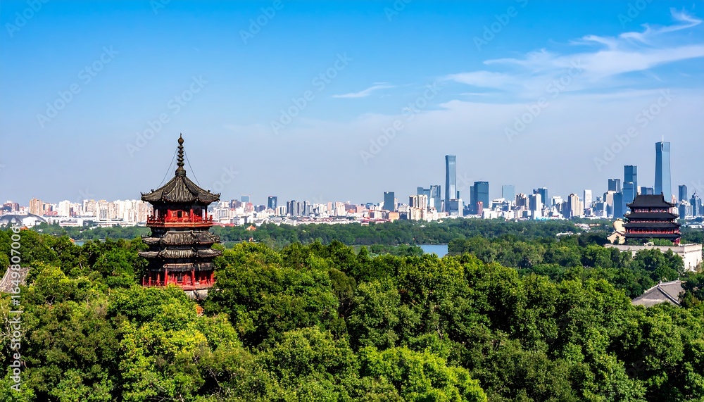 Fototapeta premium Ancient tower overlooking modern city