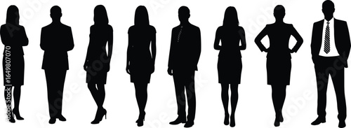 Silhouettes of professional businesspeople standing, formal attire, men and women in suits, corporate team, office staff, leadership poses, vector