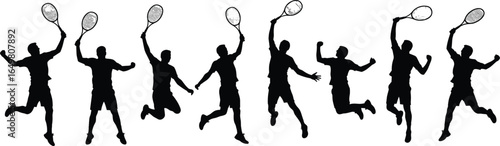 Tennis player silhouette set, men jumping and swinging rackets, sports vector icons, active athlete poses for design or animation