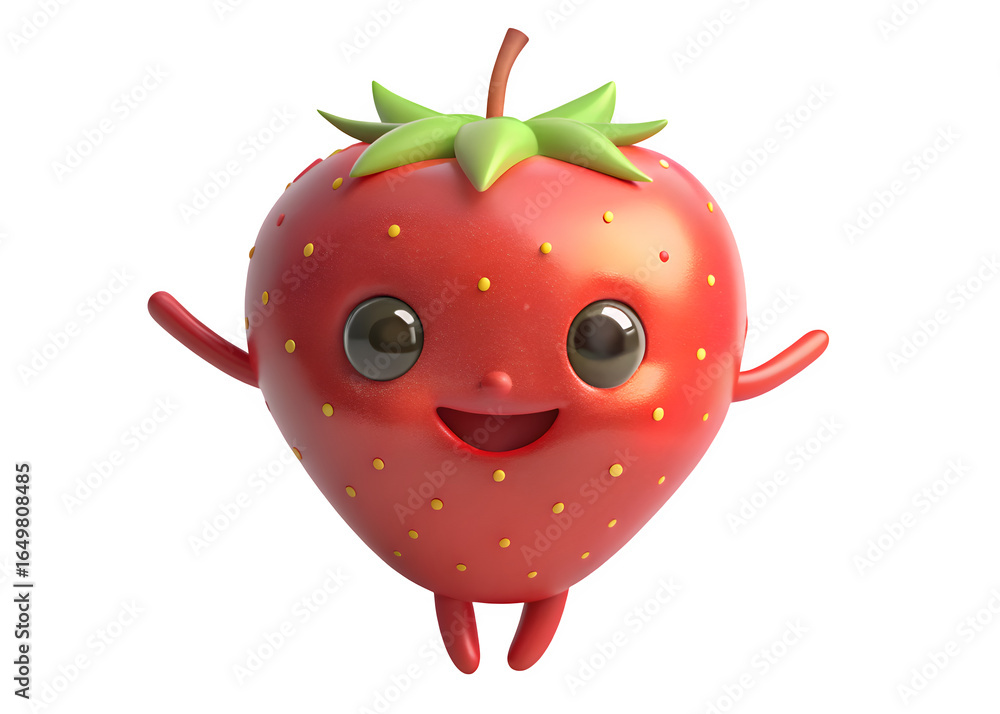 Fototapeta premium Cute cartoon strawberry character with happy expression isolated on transparent background