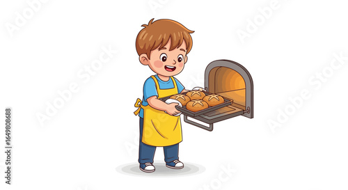 Boy with a Tray of Freshly Baked Buns Next to an Oven,  Cartoon Baker Proudly Holding a Baking Sheet of Bread from the Oven