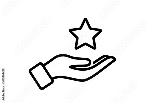 Outline icon of a hand holding a star, symbolizing giving or receiving recognition, award, or a special gift, isolated on white background, vector illustration