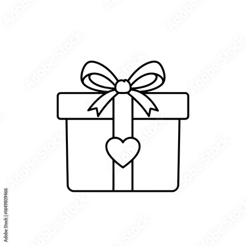 Simple outline illustration of a gift box with a ribbon, bow, and a heart, isolated on white background, vector illustration