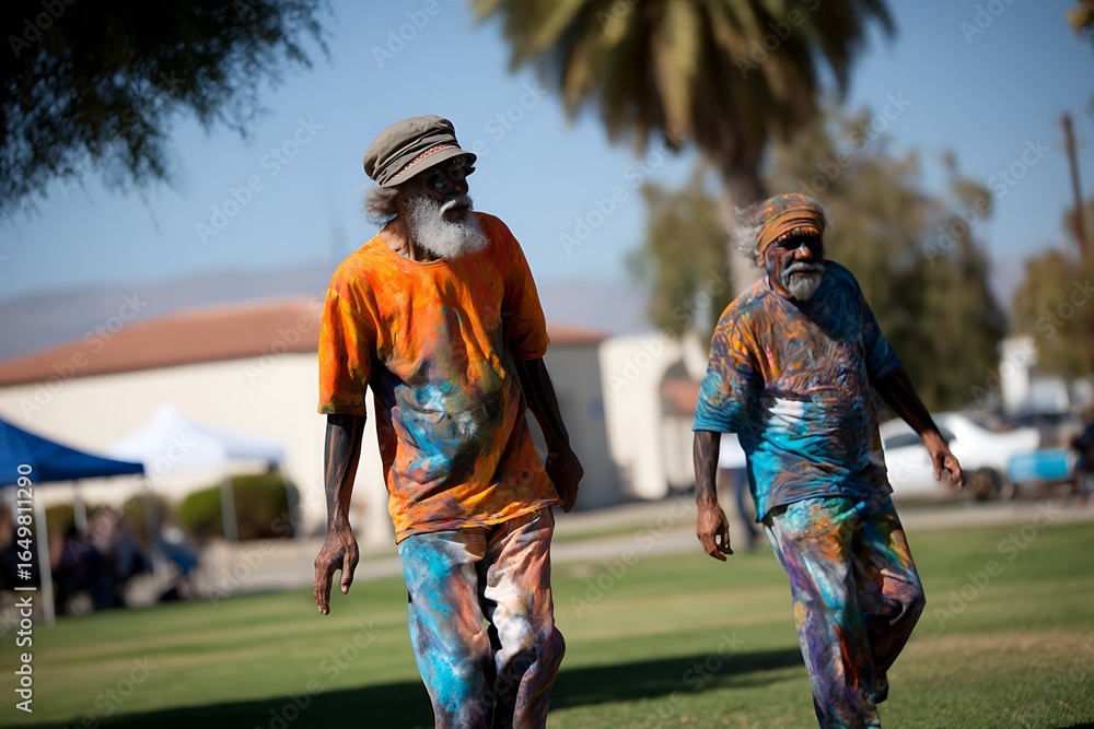 Fototapeta premium Aboriginal artists walking and showing traditional body painting