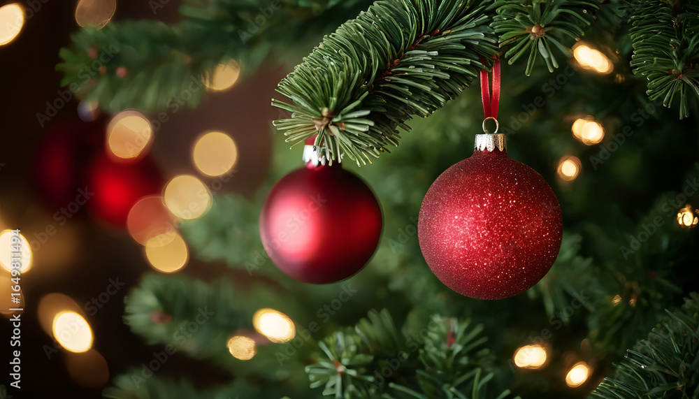 Fototapeta premium christmas tree decoration Close Up of Red Christmas Ornament on Pine Branch with Festive Lights