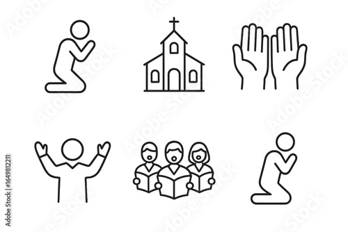 Religious symbols: praying, church, choir, and worship icons
