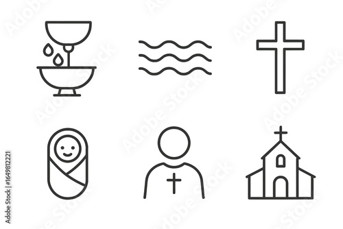 Baptism icons: chalice, water, cross, baby, priest, church
