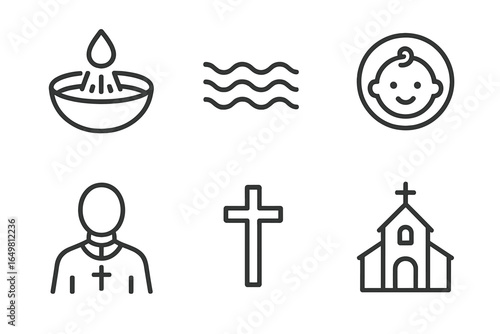 Baptism symbols: water, baby, priest and church icons in line art style