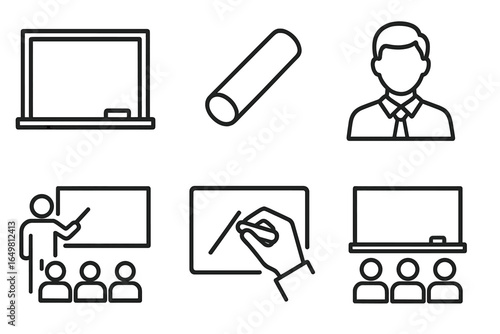 Outline icons of classroom, blackboard, teacher, and students