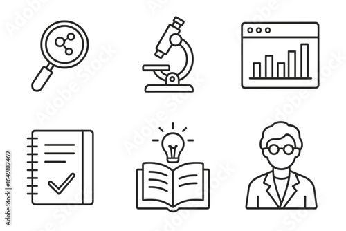 Science and research icons: magnifying glass, microscope, graph, notebook, book, scientist