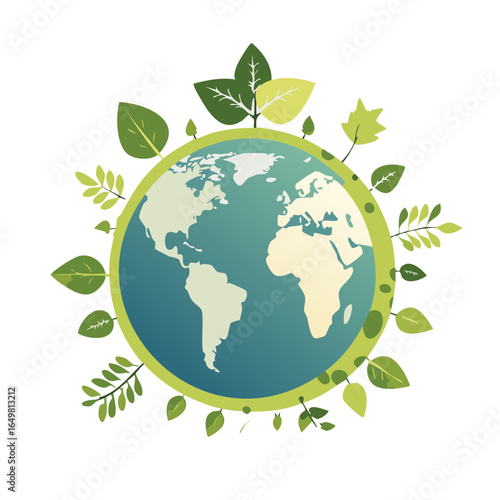 Earth Globe Surrounded by Green Leaves, Ecological Theme, Earth Day Concept